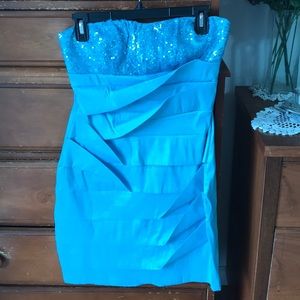 Bright blue strapless mini dress